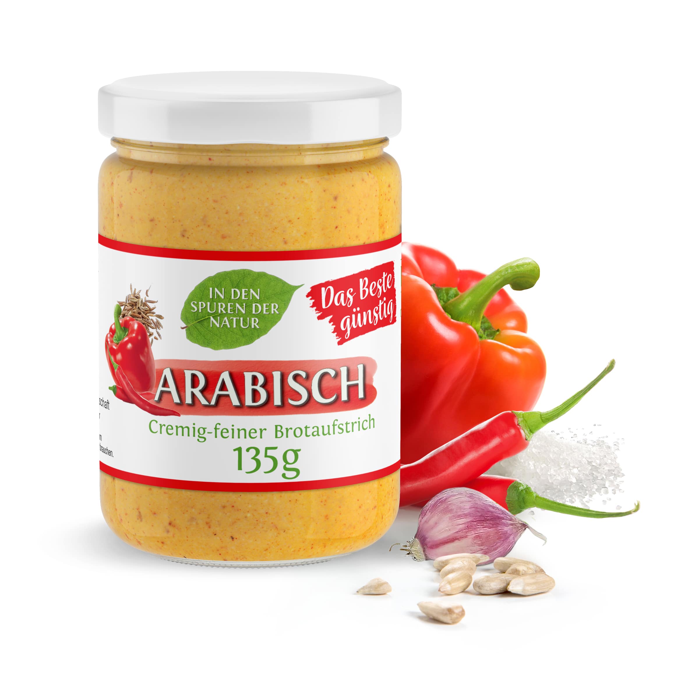 Arabisch-Aufstrich kaufen Arabisch im 135-g-Glas – cremiger Bio-Paprika-Aufstrich mit Peperoni