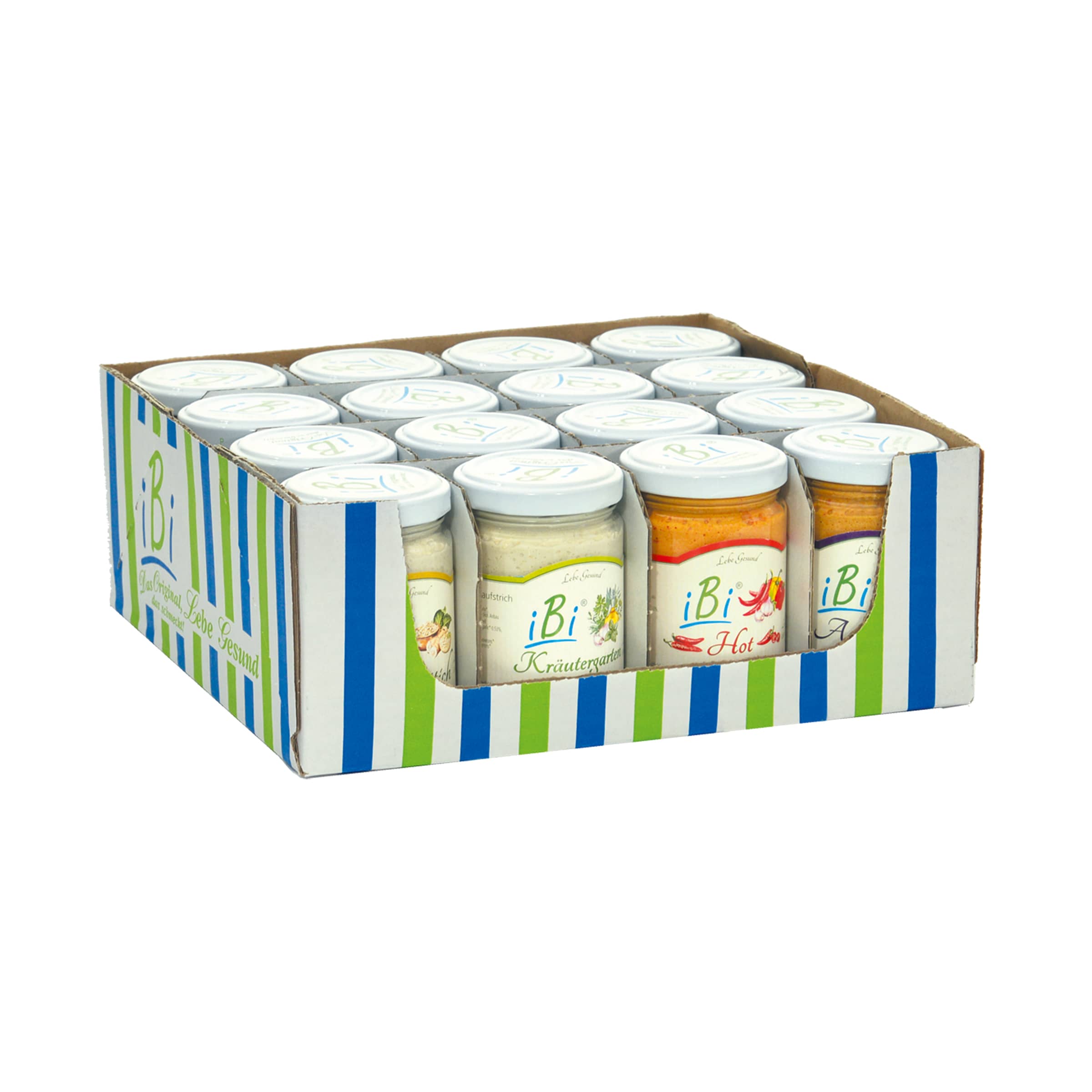 16er-Kiste iBi 135g kaufen 16er-Kiste von Lebe Gesund mit 16 veganen iBi-Brotaufstrichen nach Wahl