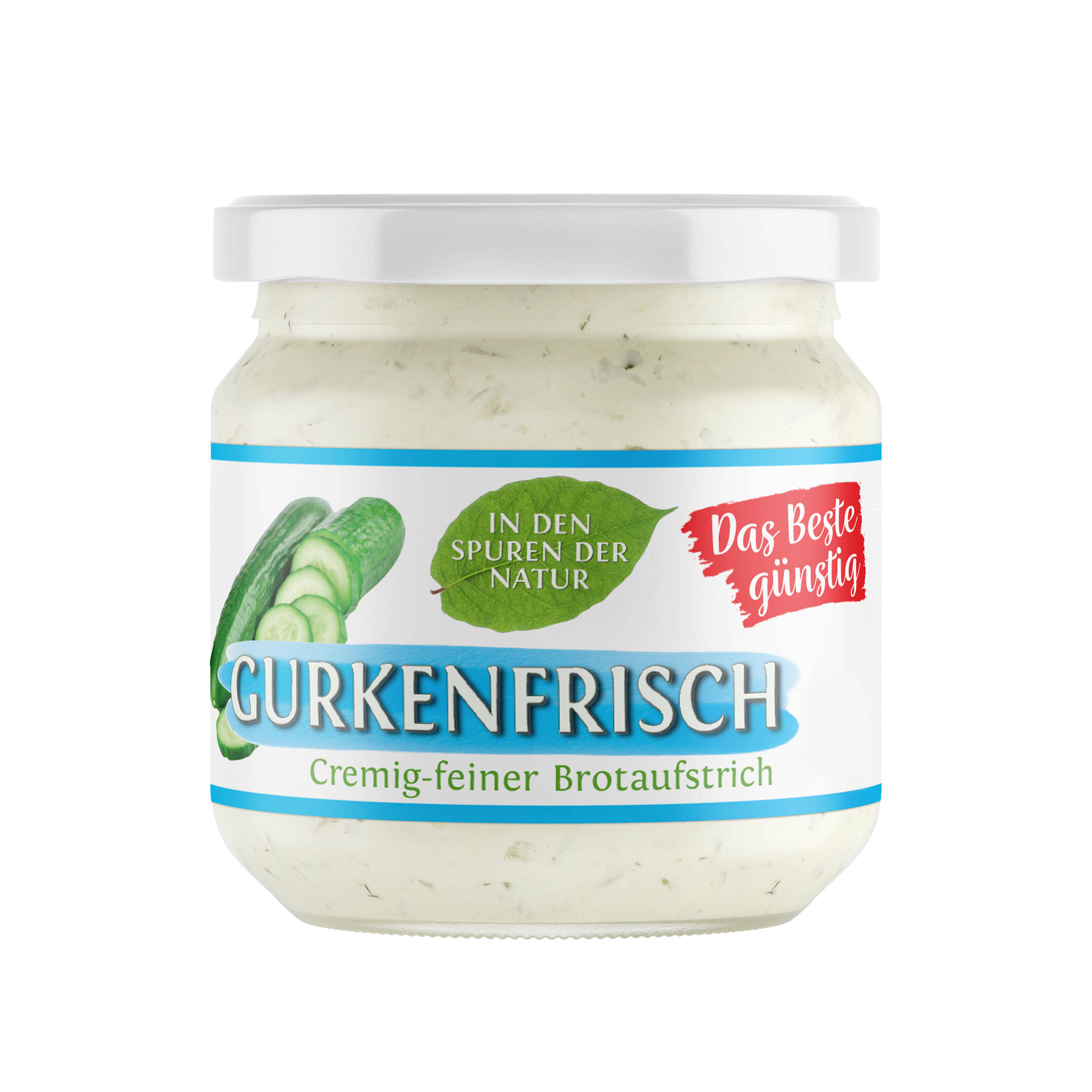 Gurkenfrisch, der Brotaufstrich mit vielen Gurken. 0,17 Vegetarisch-Vegan-Bio. Mit Gemüse aus Friedfertigem Landbau. Als Aufstrich, Soße oder Dip.
