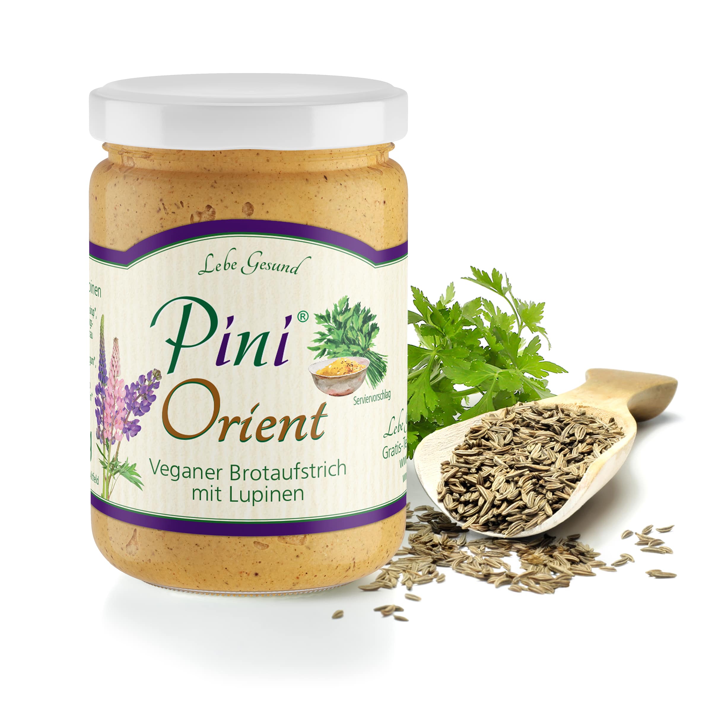 Pini Orient jetzt bestellen Pini Orient im 135-g-Glas – cremiger veganer Bio-Brotaufstrich mit Lupinen, Kreuzkümmel und Koriander