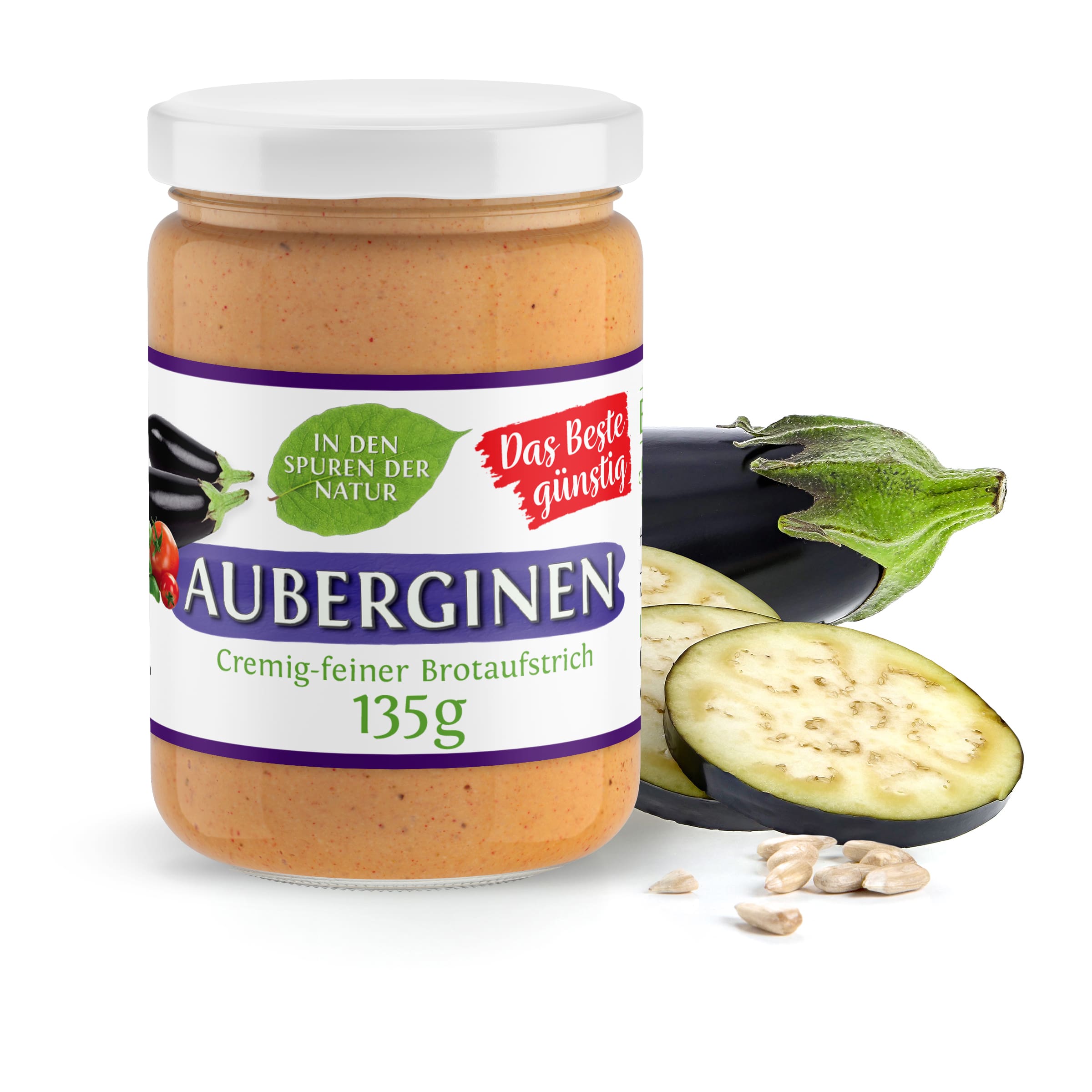 Auberginen-Brotaufstrich kaufen Auberginen-Aufstrich im 135-g-Glas von Lebe Gesund – Bio-Brotaufstrich mit Aubergine, Tomate und Basilikum