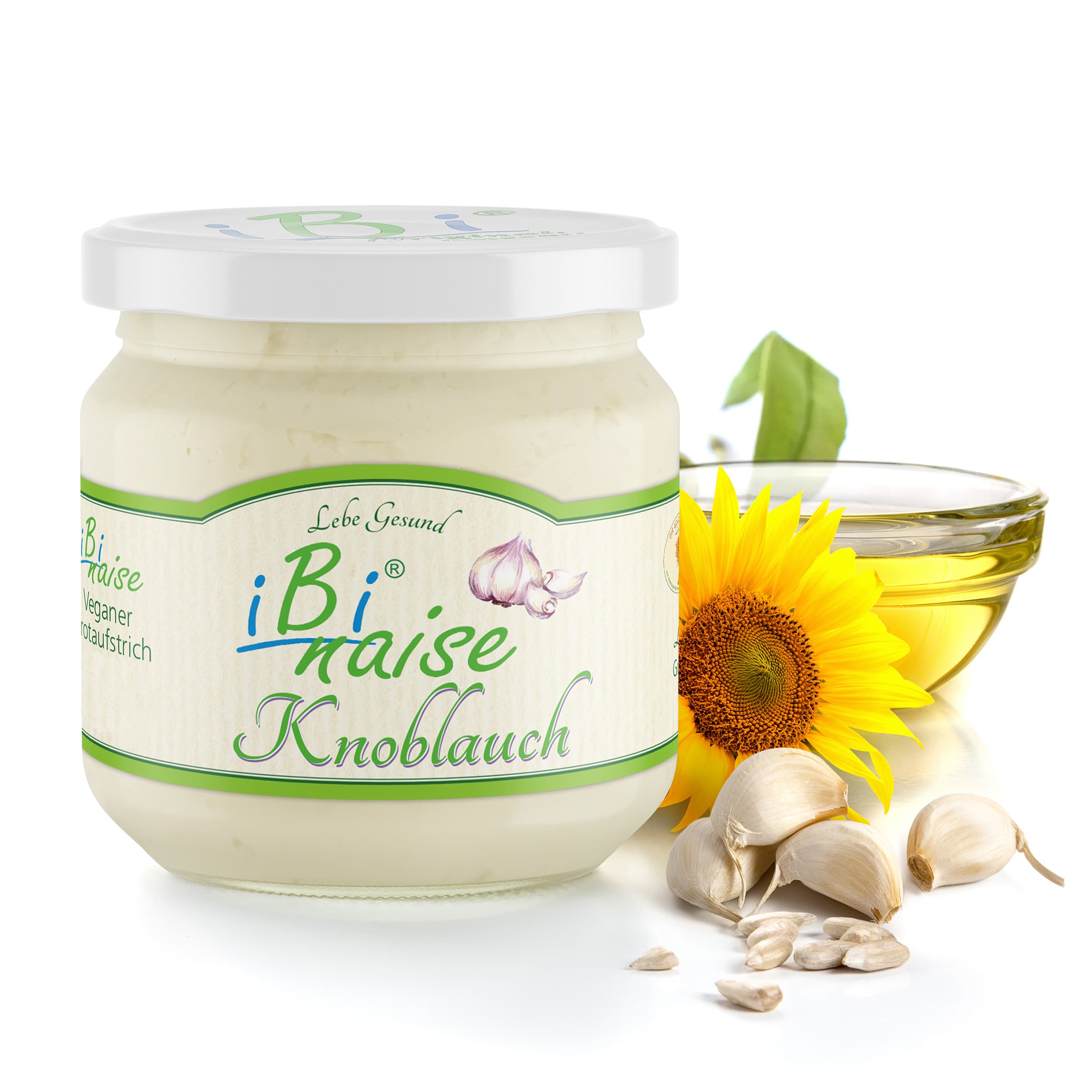 iBi-naise Knoblauch jetzt bestellen iBi-naise Knoblauch von Lebe Gesund - veganer Brotaufstrich mit Sonnenblumenöl, Sonnenblumenkernen und Knoblauch