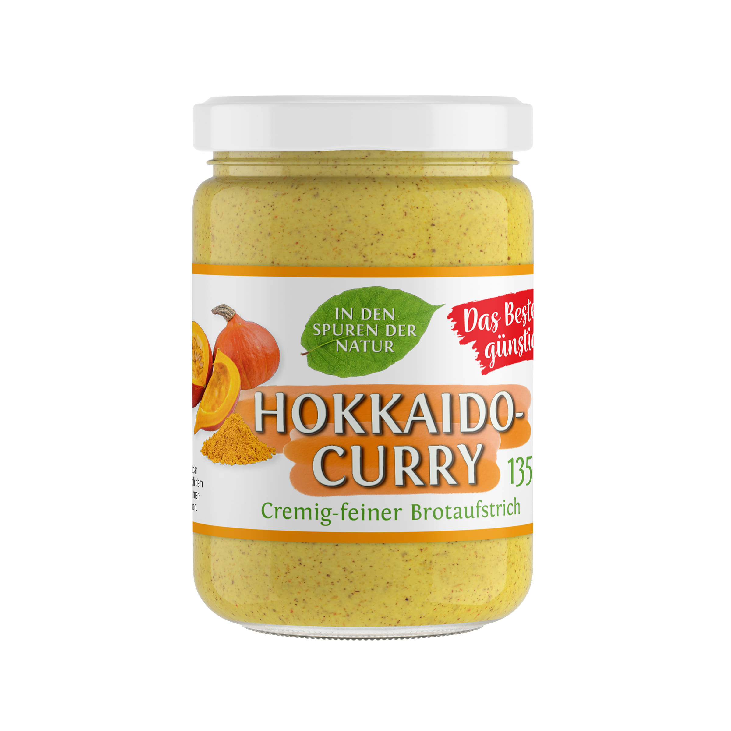 Hokkaido-Curry-Brotaufstrich mit 11 % Hokkaido-Kürbis. 0,135 Vegetarisch, vegan & Bio. Bestes günstig mit leckerem Gemüse! Als Aufstrich, Soße, Dip.