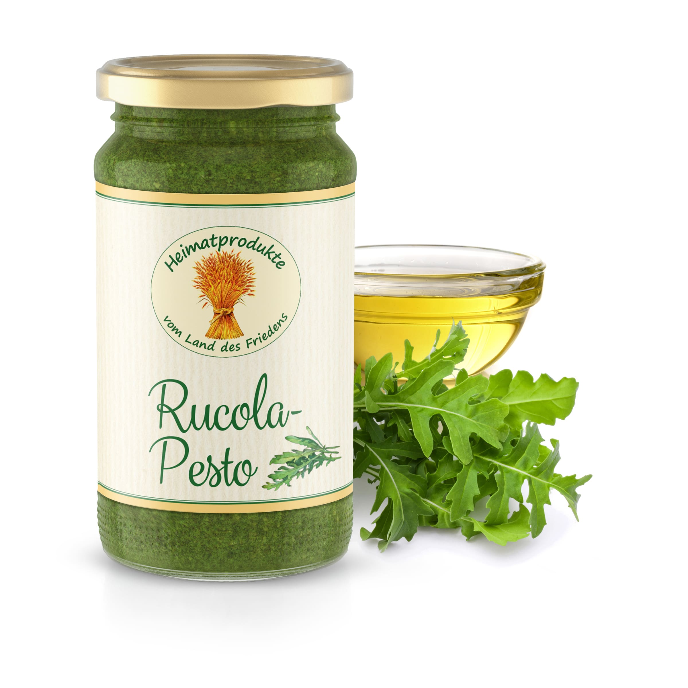Rucola-Pesto im Glas jetzt bestellen Veganes Rucola-Pesto von Lebe Gesund im Glas neben Rucolablättern und einer Schale Öl