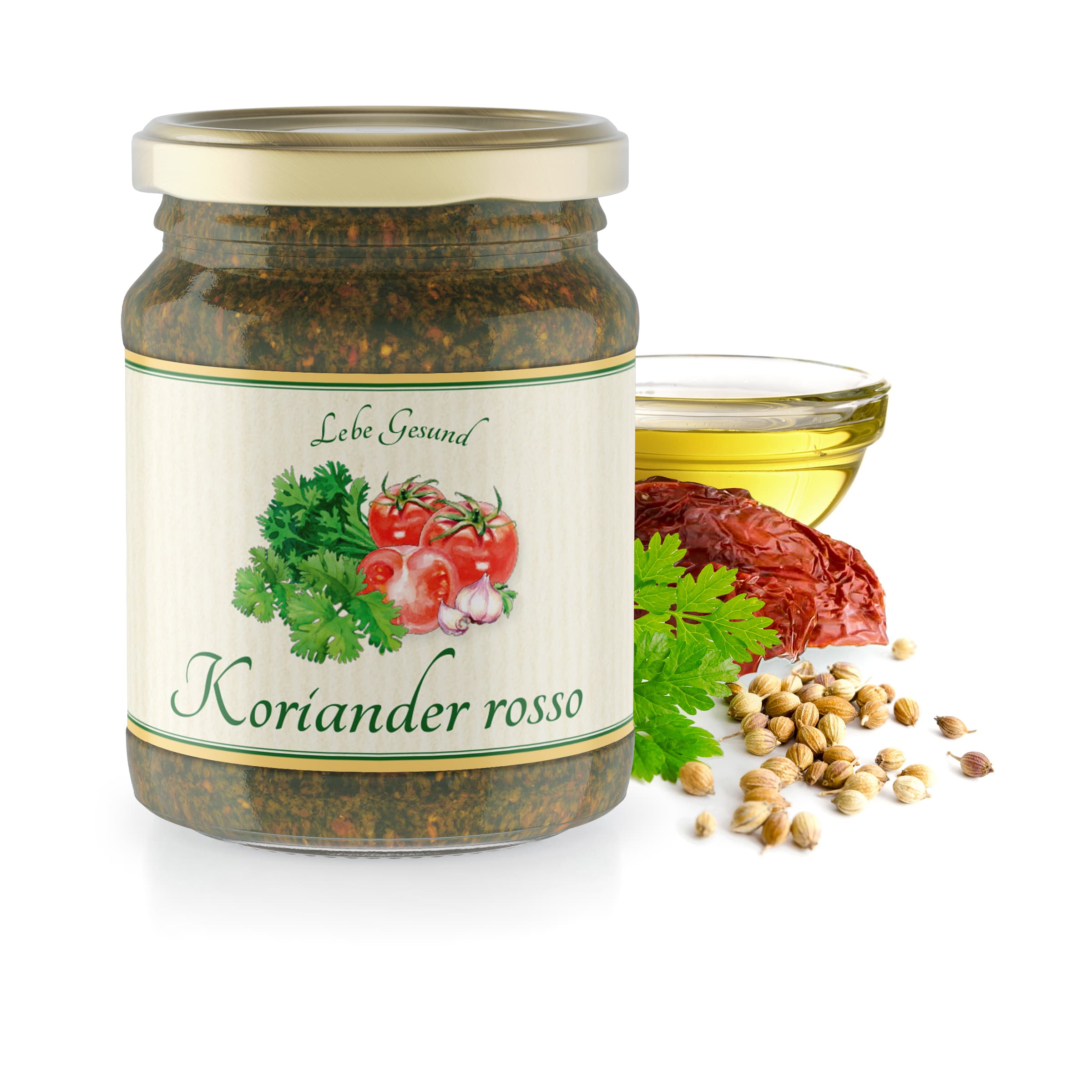 Koriander-Pesto rosso – veganes Bio-Pesto bestellen Koriander-Pesto rosso von Lebe Gesund – veganes Bio-Pesto mit Koriander und Tomaten, 125 ml