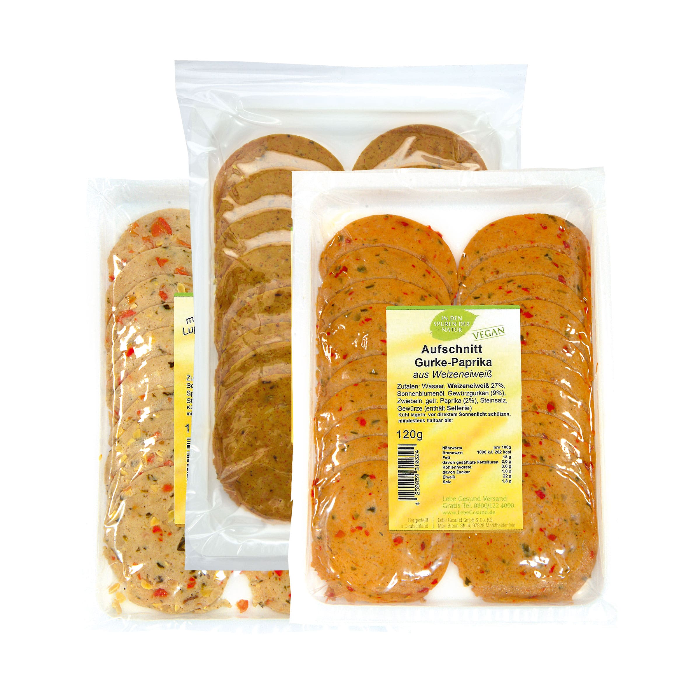 Kennenlern-Paket vegane Aufschnitte kaufen Drei Packungen veganer Aufschnitt à 120 g: Gurke-Paprika, Karotte-Spinat, Italienische Art