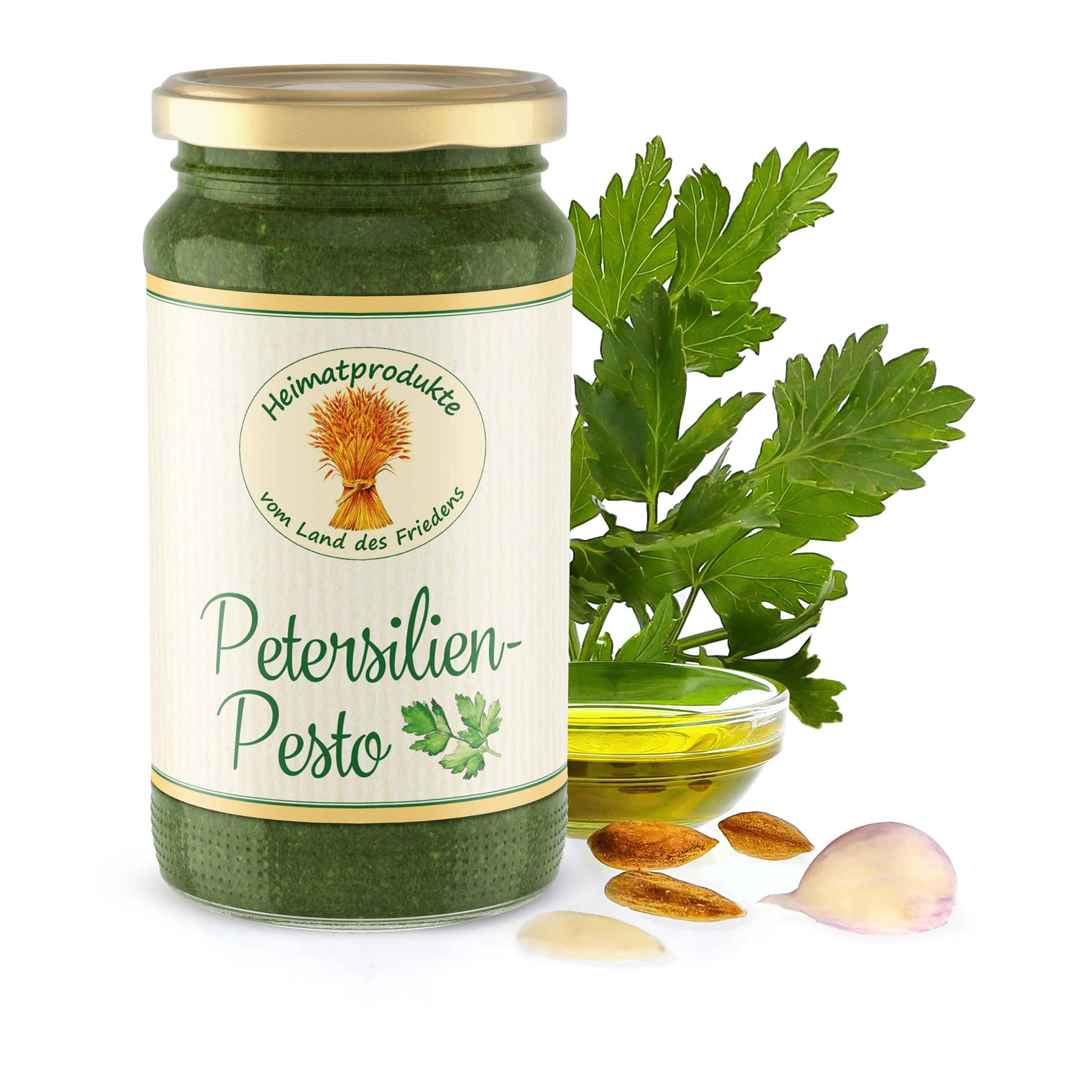 Petersilien-Pesto gleich bestellen Veganes Petersilien-Pesto im Glas mit den Zutaten Petersilie, Mandeln, Knoblauch und Öl