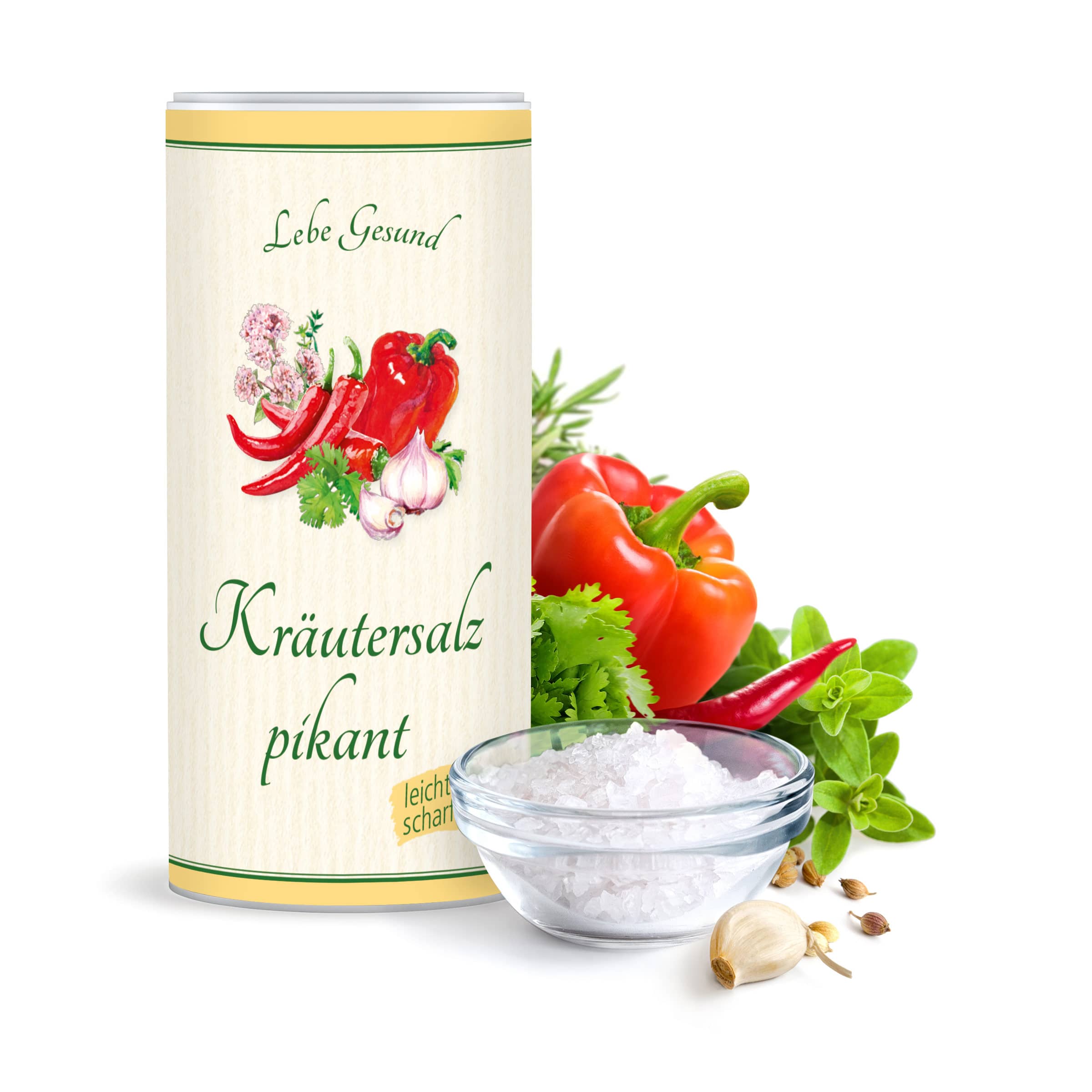 Kräutersalz pikant in der Dose gleich bestellen Kräutersalz pikant von Lebe Gesund mit Peperoni in der 100-g-Streudose