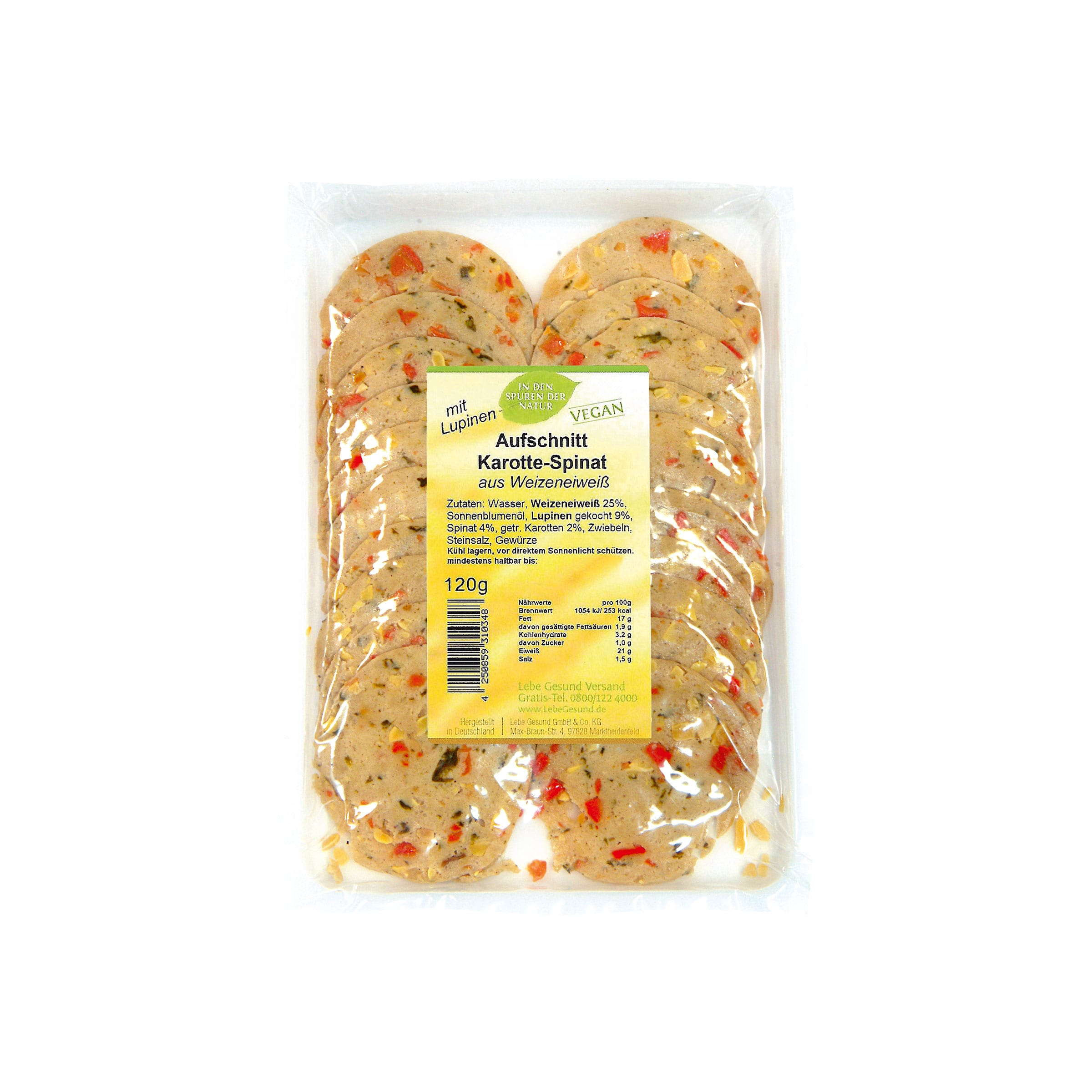 Veganer Aufschnitt Karotten-Spinat kaufen Veganer Aufschnitt Karotten-Spinat in Scheiben, aus Weizeneiweiß mit Lupinen, 120-g-Packung
