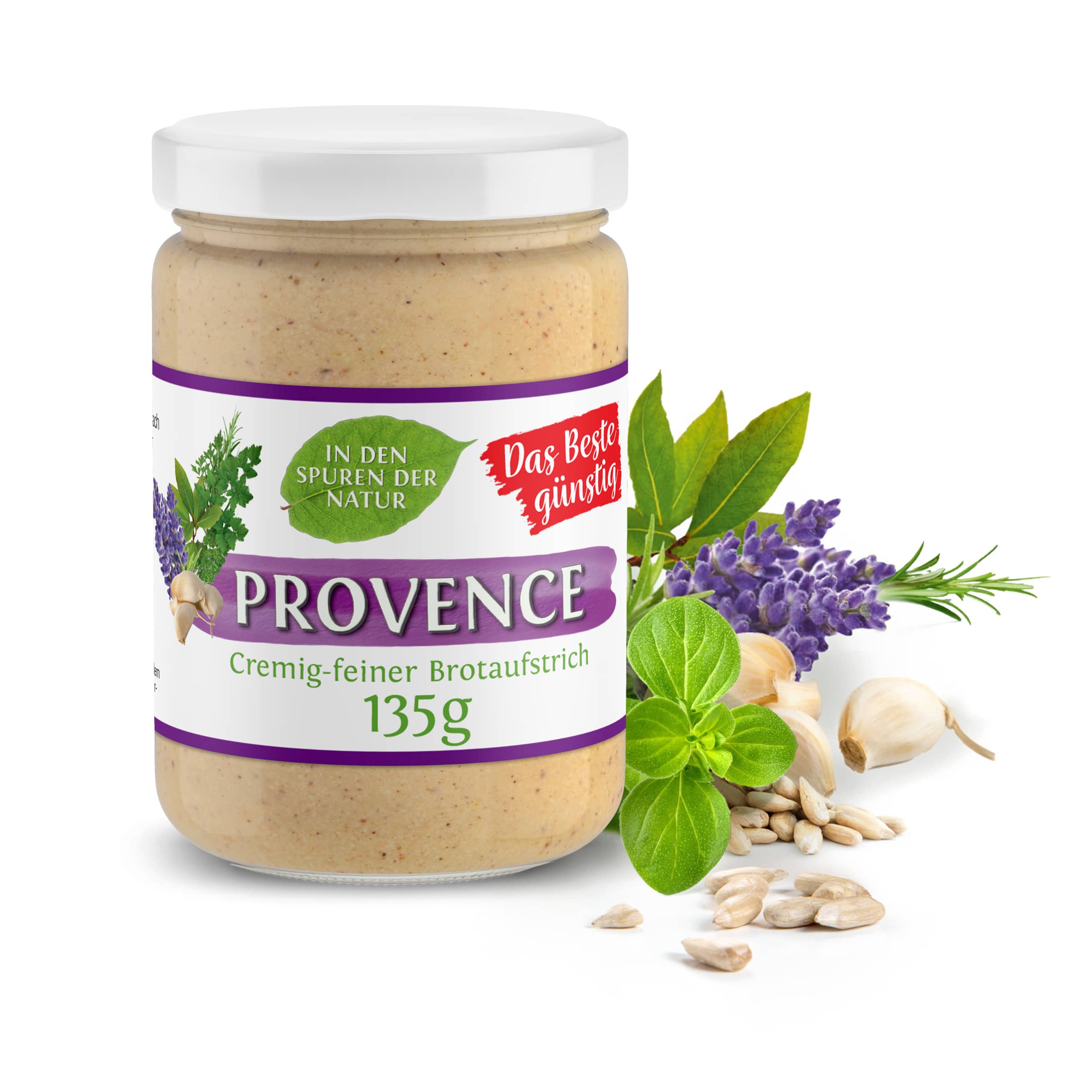 Provence-Aufstrich jetzt bestellen Provence im 135-g-Glas – aromatischer Bio-Brotaufstrich mit Kräutern der Provence