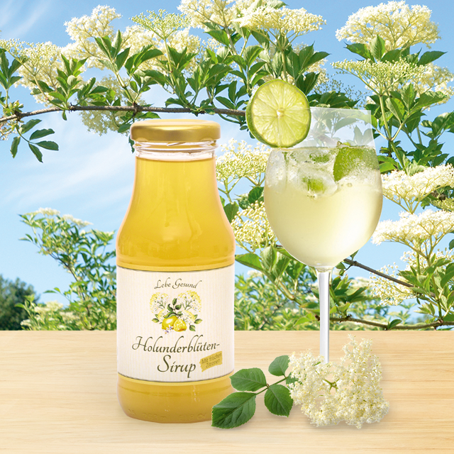 Feine Naturlimonade zaubern Sie aus unserem Holunderblütensirup. Unser Sirup aus Holunderblüten schmeckt als feine Naturlimonade – auch zum Süßen von Tees geeignet!
