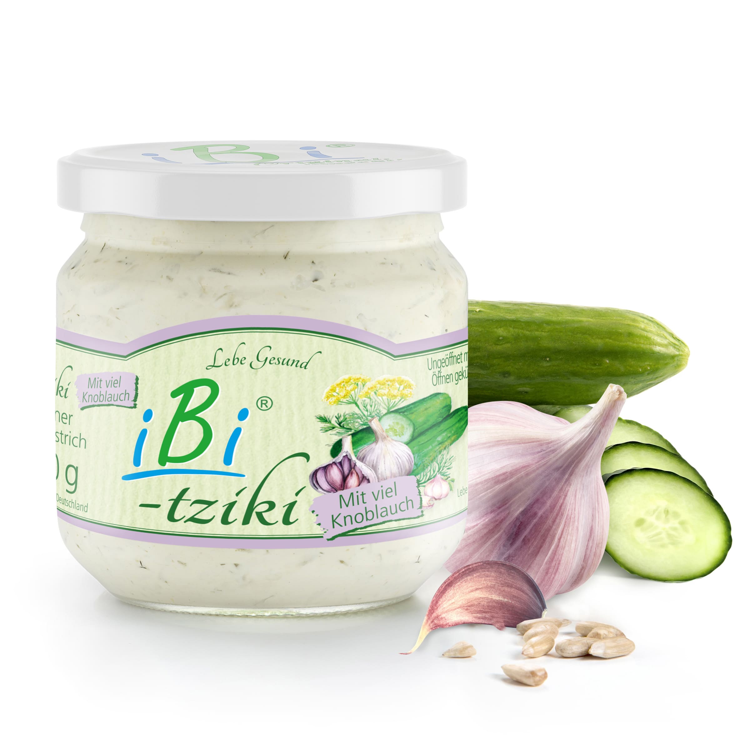 iBi-tziki mit viel Knoblauch gleich bestellen iBi-tziki von Lebe Gesund – veganer Brotaufstrich mit frischen Gurken und Knoblauch